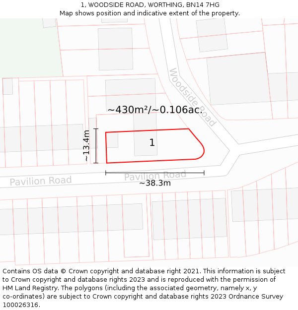 1, WOODSIDE ROAD, WORTHING, BN14 7HG: Plot and title map