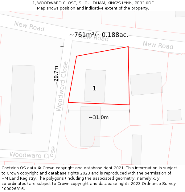 1, WOODWARD CLOSE, SHOULDHAM, KING'S LYNN, PE33 0DE: Plot and title map