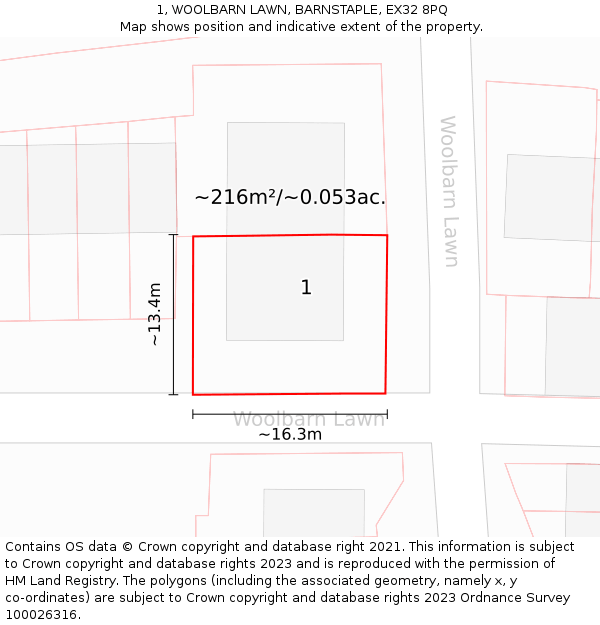 1, WOOLBARN LAWN, BARNSTAPLE, EX32 8PQ: Plot and title map