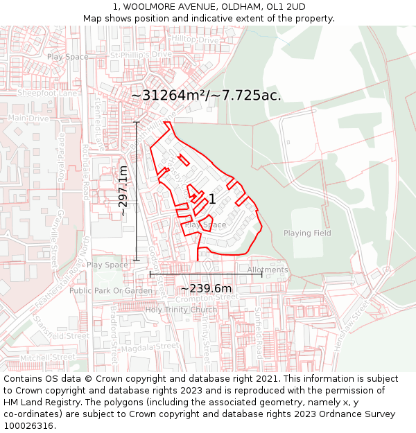 1, WOOLMORE AVENUE, OLDHAM, OL1 2UD: Plot and title map