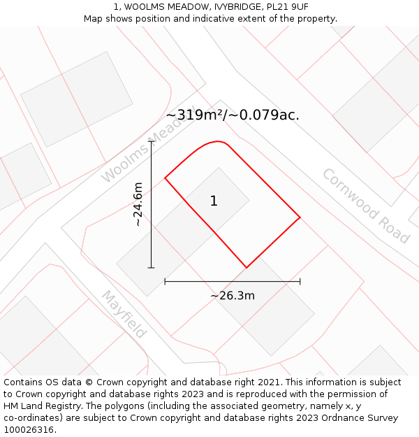 1, WOOLMS MEADOW, IVYBRIDGE, PL21 9UF: Plot and title map