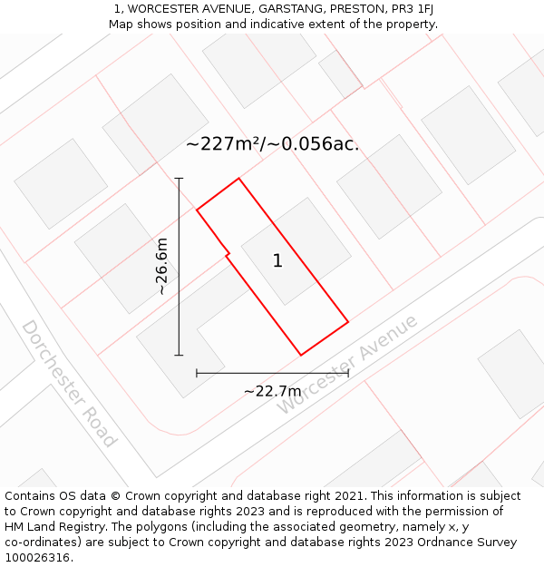 1, WORCESTER AVENUE, GARSTANG, PRESTON, PR3 1FJ: Plot and title map