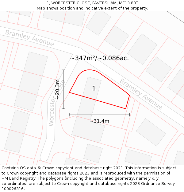 1, WORCESTER CLOSE, FAVERSHAM, ME13 8RT: Plot and title map