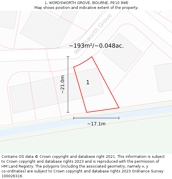 1, WORDSWORTH GROVE, BOURNE, PE10 9WE: Plot and title map