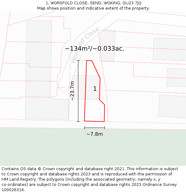 1, WORSFOLD CLOSE, SEND, WOKING, GU23 7JQ: Plot and title map