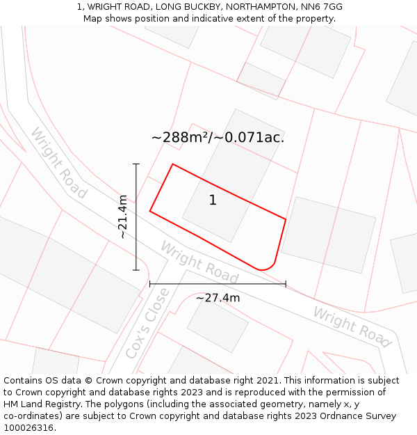 1, WRIGHT ROAD, LONG BUCKBY, NORTHAMPTON, NN6 7GG: Plot and title map