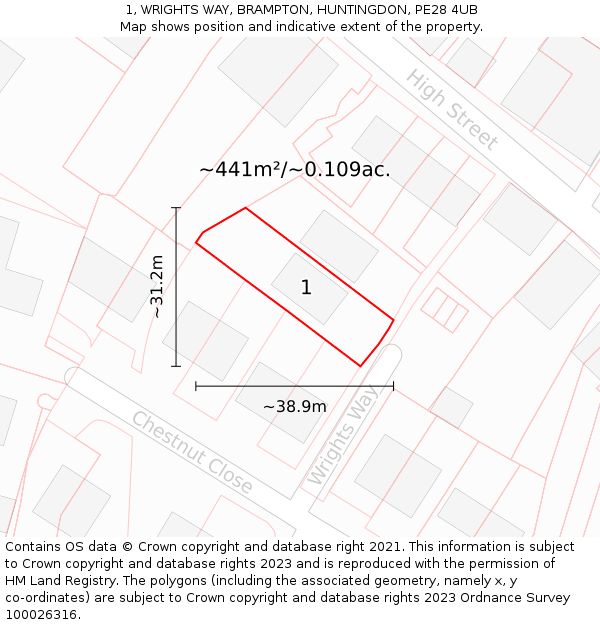 1, WRIGHTS WAY, BRAMPTON, HUNTINGDON, PE28 4UB: Plot and title map