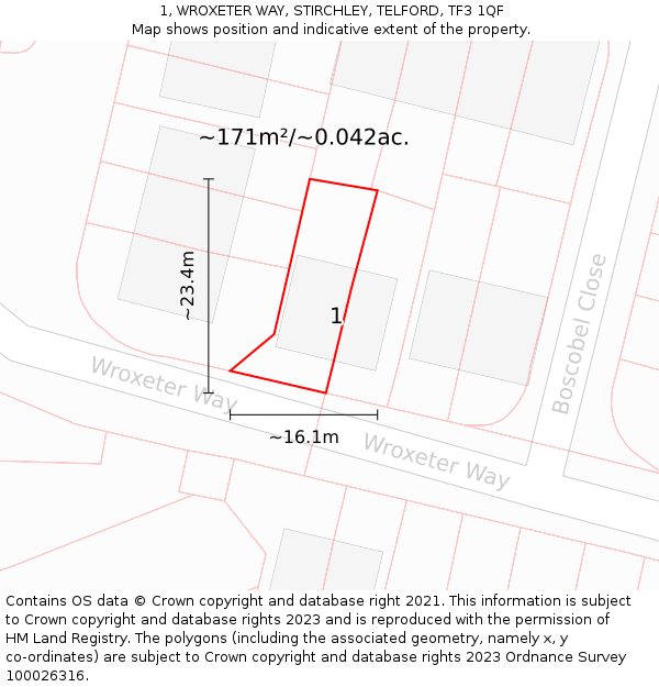 1, WROXETER WAY, STIRCHLEY, TELFORD, TF3 1QF: Plot and title map