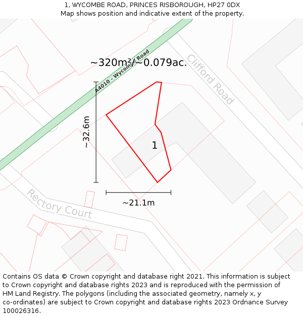 1, WYCOMBE ROAD, PRINCES RISBOROUGH, HP27 0DX: Plot and title map