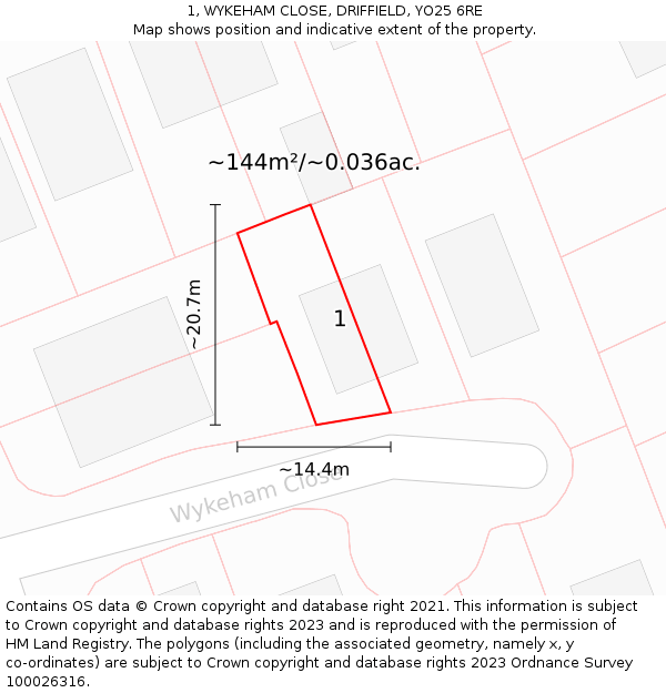 1, WYKEHAM CLOSE, DRIFFIELD, YO25 6RE: Plot and title map