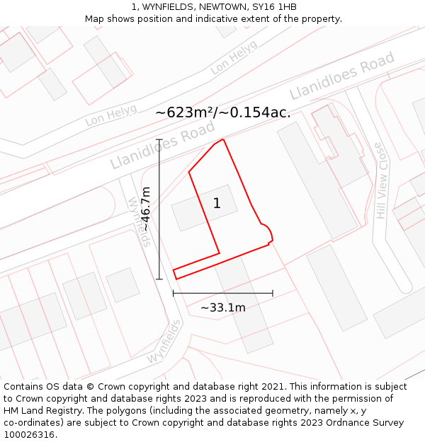 1, WYNFIELDS, NEWTOWN, SY16 1HB: Plot and title map