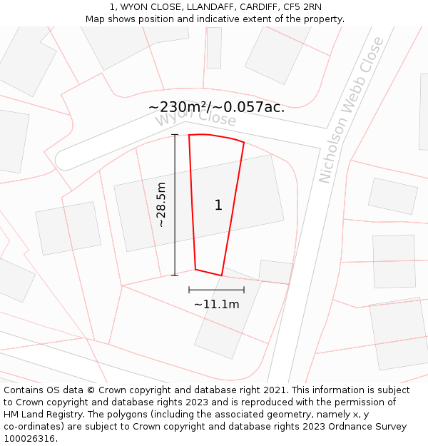 1, WYON CLOSE, LLANDAFF, CARDIFF, CF5 2RN: Plot and title map
