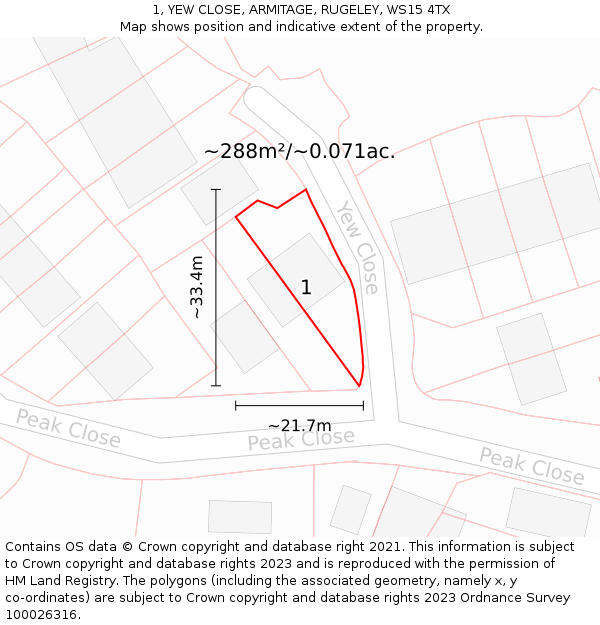 1, YEW CLOSE, ARMITAGE, RUGELEY, WS15 4TX: Plot and title map