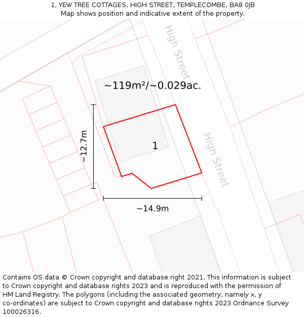 1, YEW TREE COTTAGES, HIGH STREET, TEMPLECOMBE, BA8 0JB: Plot and title map