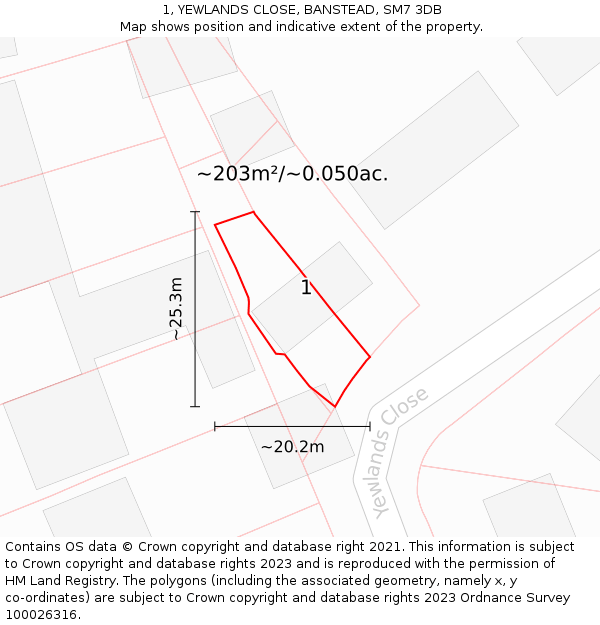 1, YEWLANDS CLOSE, BANSTEAD, SM7 3DB: Plot and title map