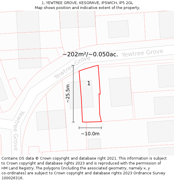 1, YEWTREE GROVE, KESGRAVE, IPSWICH, IP5 2GL: Plot and title map