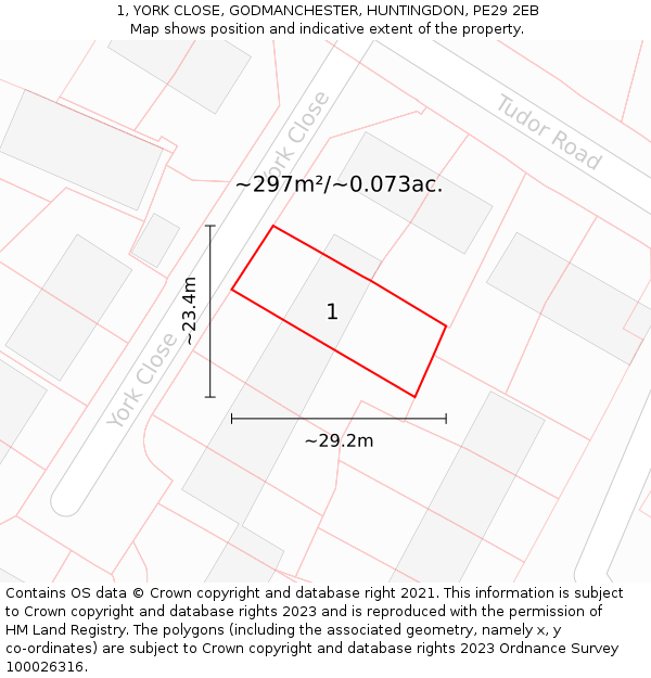 1, YORK CLOSE, GODMANCHESTER, HUNTINGDON, PE29 2EB: Plot and title map