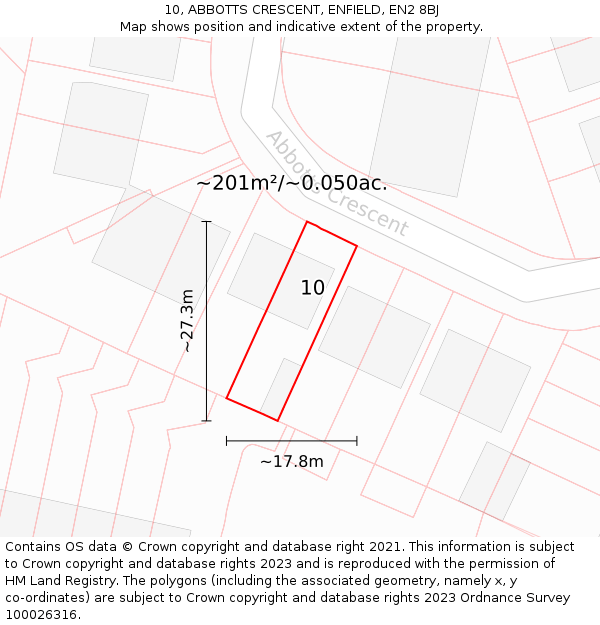 10, ABBOTTS CRESCENT, ENFIELD, EN2 8BJ: Plot and title map