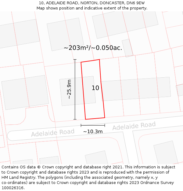 10, ADELAIDE ROAD, NORTON, DONCASTER, DN6 9EW: Plot and title map