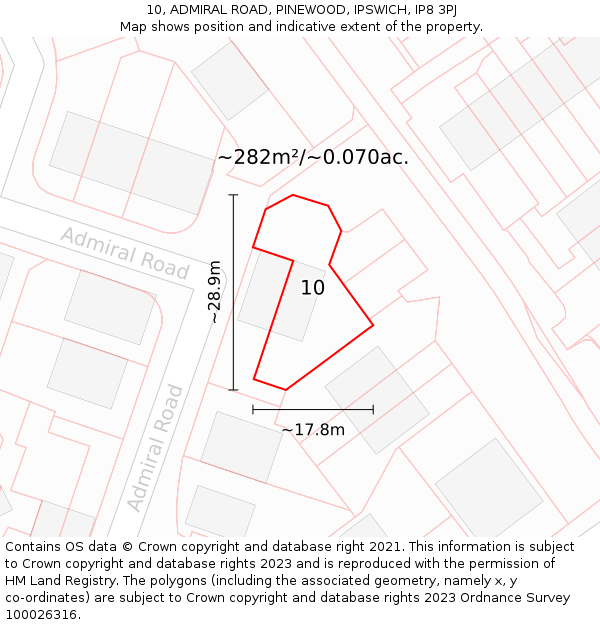 10, ADMIRAL ROAD, PINEWOOD, IPSWICH, IP8 3PJ: Plot and title map