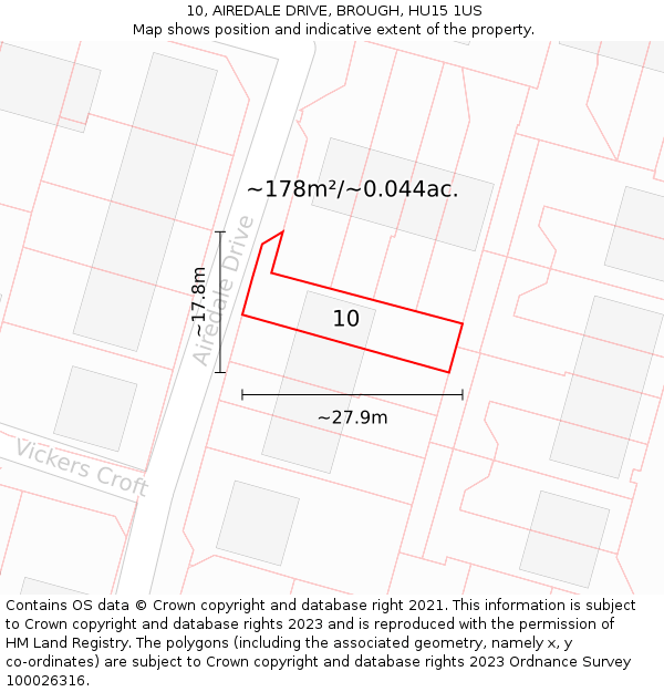10, AIREDALE DRIVE, BROUGH, HU15 1US: Plot and title map