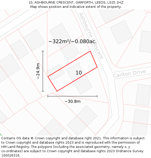 10, ASHBOURNE CRESCENT, GARFORTH, LEEDS, LS25 2HZ: Plot and title map