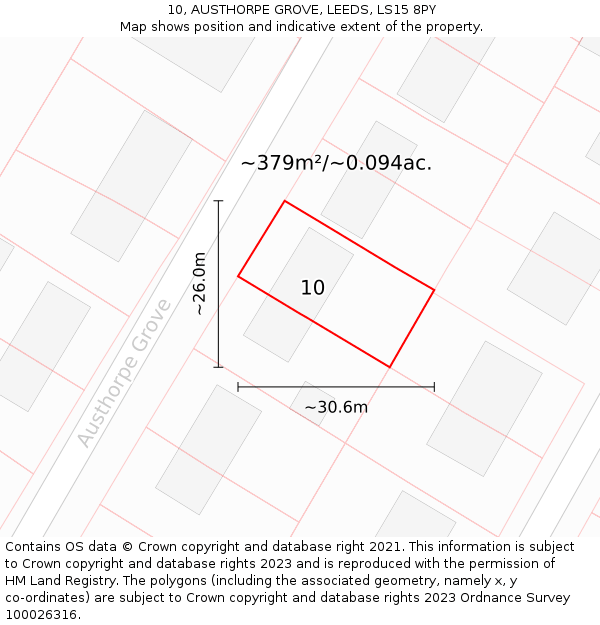 10, AUSTHORPE GROVE, LEEDS, LS15 8PY: Plot and title map