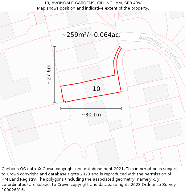 10, AVONDALE GARDENS, GILLINGHAM, SP8 4RW: Plot and title map