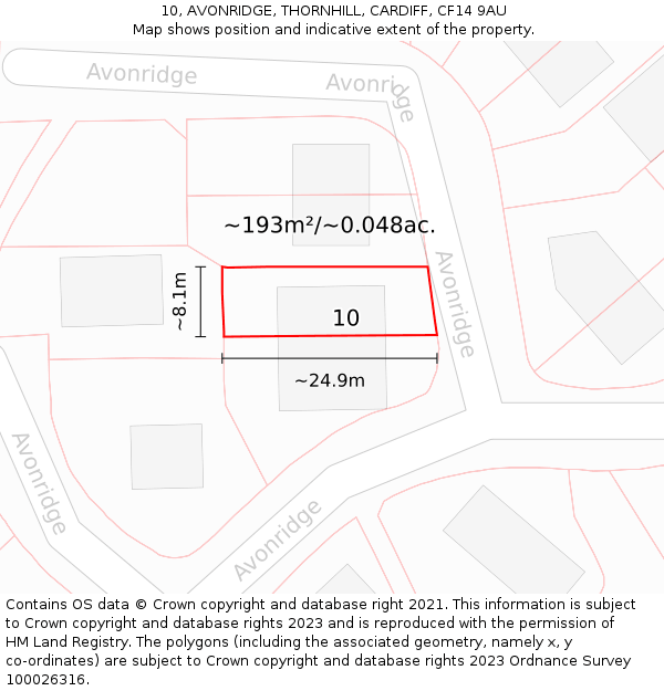 10, AVONRIDGE, THORNHILL, CARDIFF, CF14 9AU: Plot and title map