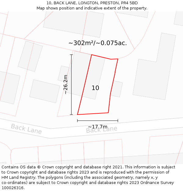 10, BACK LANE, LONGTON, PRESTON, PR4 5BD: Plot and title map
