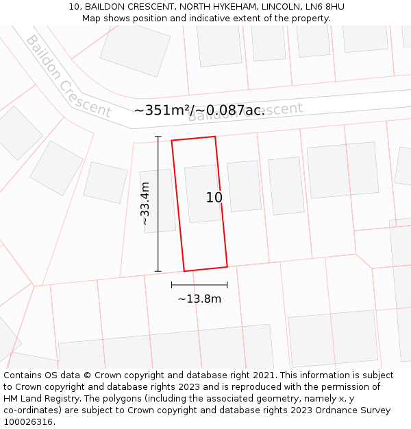 10, BAILDON CRESCENT, NORTH HYKEHAM, LINCOLN, LN6 8HU: Plot and title map