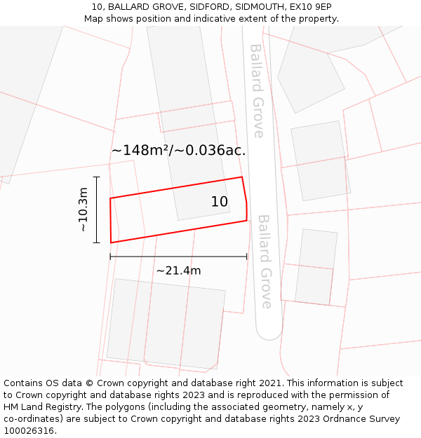 10, BALLARD GROVE, SIDFORD, SIDMOUTH, EX10 9EP: Plot and title map