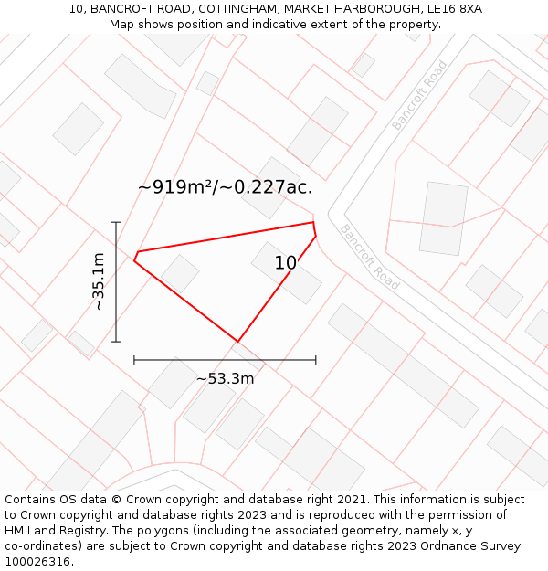 10, BANCROFT ROAD, COTTINGHAM, MARKET HARBOROUGH, LE16 8XA: Plot and title map