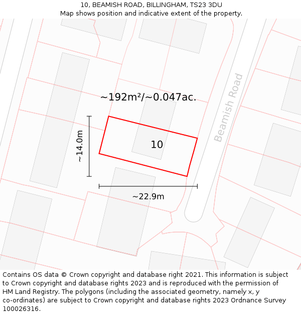 10, BEAMISH ROAD, BILLINGHAM, TS23 3DU: Plot and title map