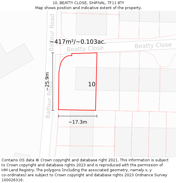 10, BEATTY CLOSE, SHIFNAL, TF11 8TY: Plot and title map