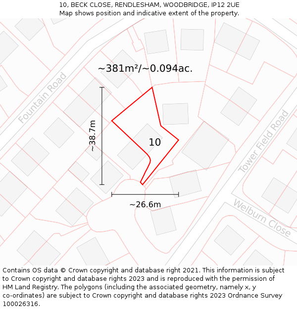10, BECK CLOSE, RENDLESHAM, WOODBRIDGE, IP12 2UE: Plot and title map