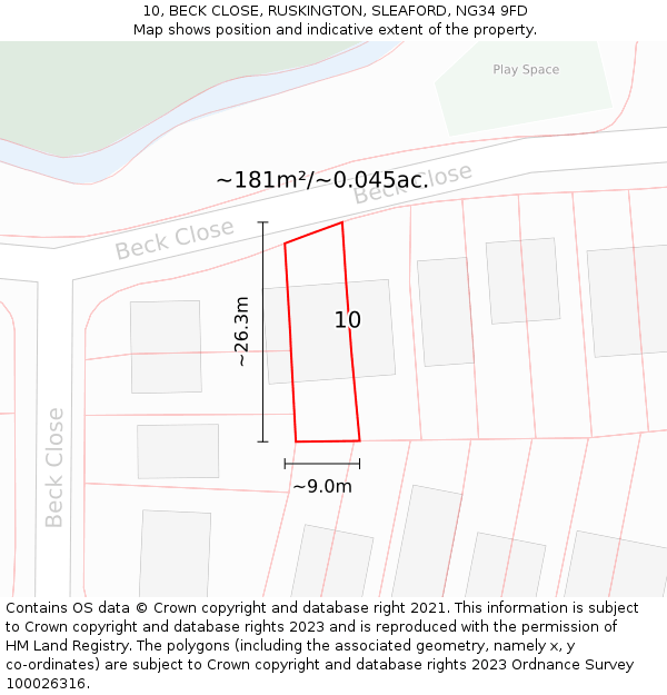 10, BECK CLOSE, RUSKINGTON, SLEAFORD, NG34 9FD: Plot and title map