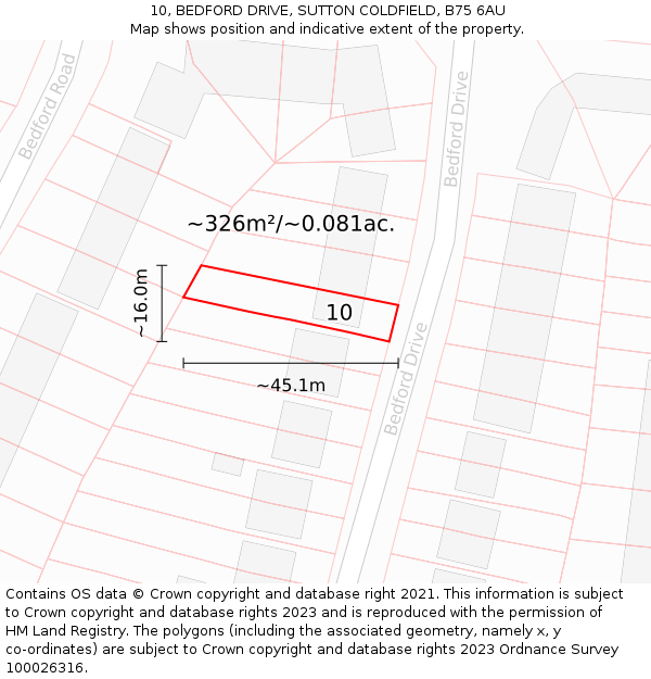 10, BEDFORD DRIVE, SUTTON COLDFIELD, B75 6AU: Plot and title map