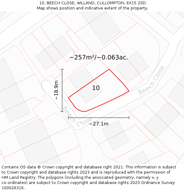 10, BEECH CLOSE, WILLAND, CULLOMPTON, EX15 2SD: Plot and title map