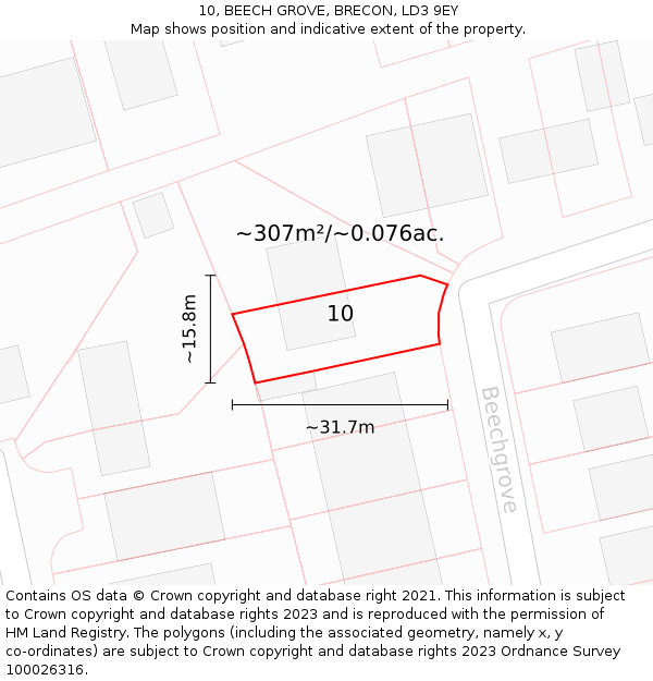 10, BEECH GROVE, BRECON, LD3 9EY: Plot and title map