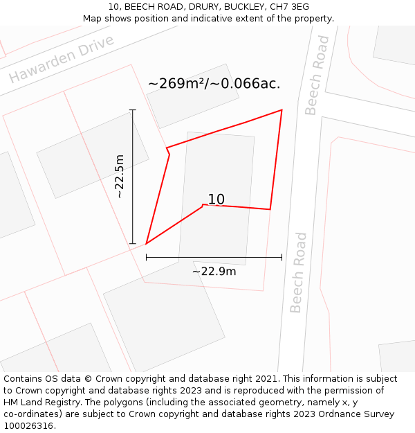 10, BEECH ROAD, DRURY, BUCKLEY, CH7 3EG: Plot and title map