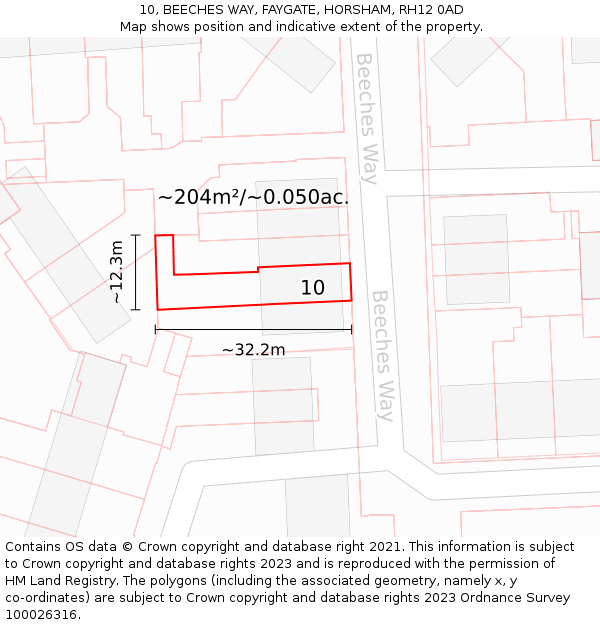 10, BEECHES WAY, FAYGATE, HORSHAM, RH12 0AD: Plot and title map