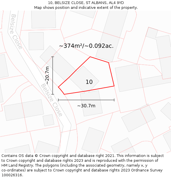 10, BELSIZE CLOSE, ST ALBANS, AL4 9YD: Plot and title map