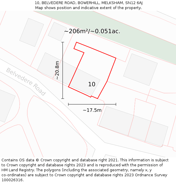 10, BELVEDERE ROAD, BOWERHILL, MELKSHAM, SN12 6AJ: Plot and title map