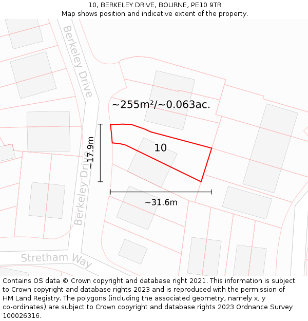 10, BERKELEY DRIVE, BOURNE, PE10 9TR: Plot and title map