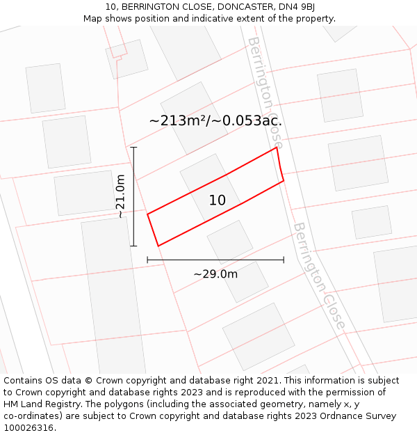 10, BERRINGTON CLOSE, DONCASTER, DN4 9BJ: Plot and title map