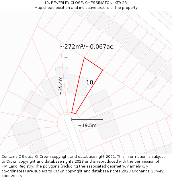 10, BEVERLEY CLOSE, CHESSINGTON, KT9 2RL: Plot and title map