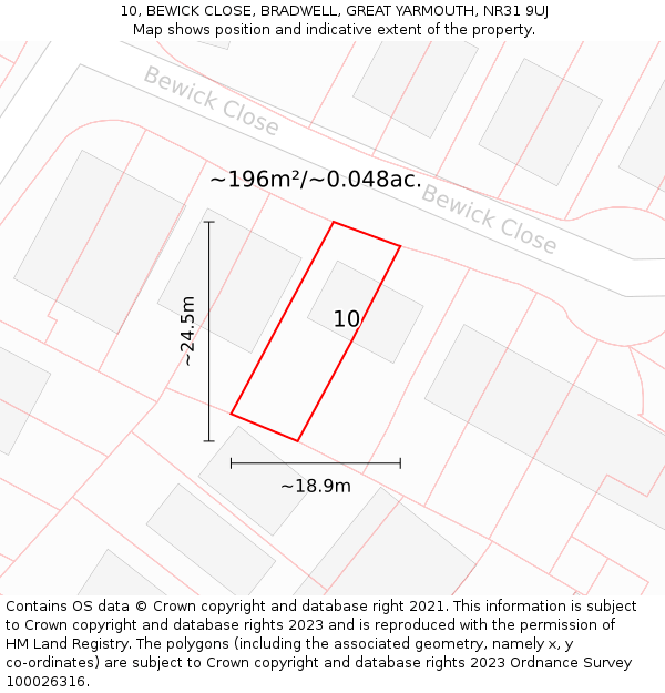 10, BEWICK CLOSE, BRADWELL, GREAT YARMOUTH, NR31 9UJ: Plot and title map