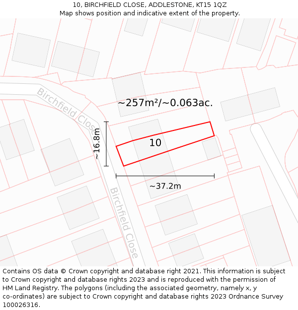 10, BIRCHFIELD CLOSE, ADDLESTONE, KT15 1QZ: Plot and title map
