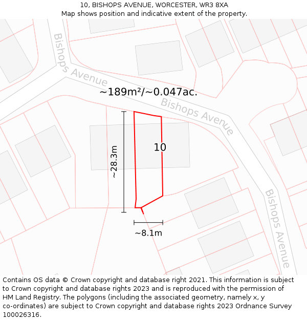10, BISHOPS AVENUE, WORCESTER, WR3 8XA: Plot and title map